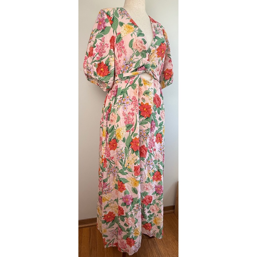 Old Navy Maxi Dress Women XXL Pink Floral Linen Twist Front Cutout Puff Sleeve